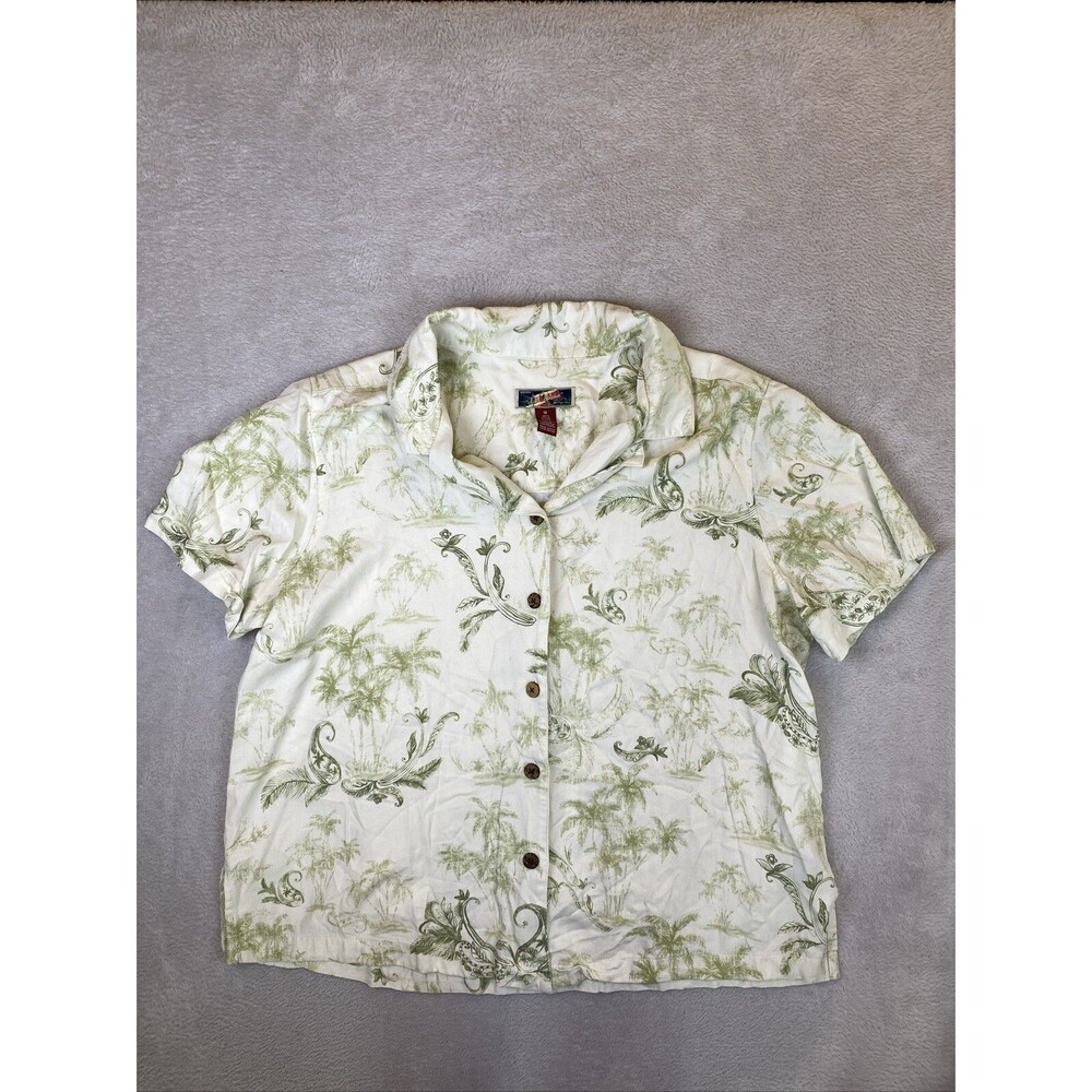 La Cabana Hawaiian Shirt Women's 1X Button Down Rayon Beige Palm Short Sleeve